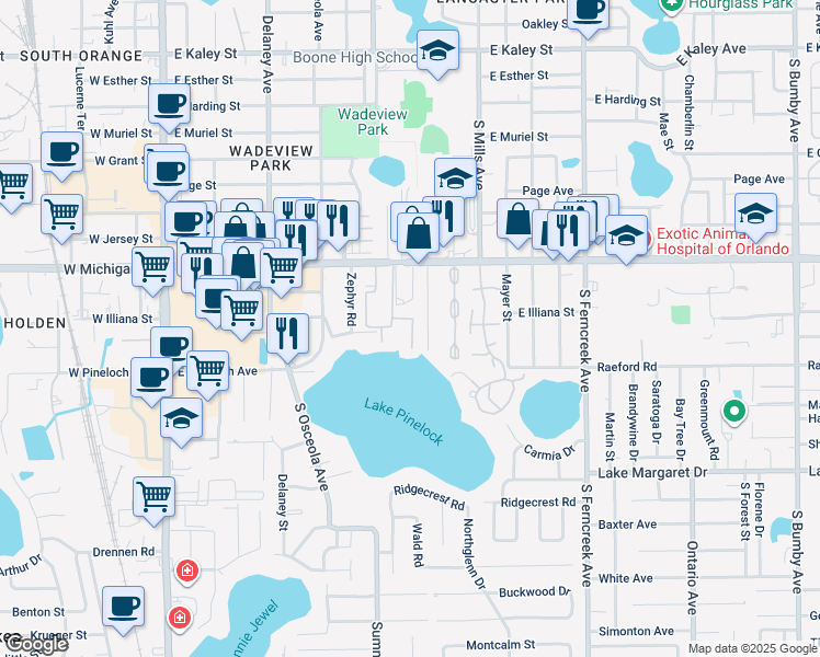 map of restaurants, bars, coffee shops, grocery stores, and more near 2812 Keystone Drive in Orlando