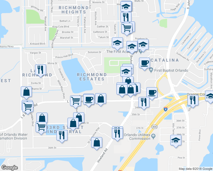 map of restaurants, bars, coffee shops, grocery stores, and more near 4229 Lake Richmond Drive in Orlando