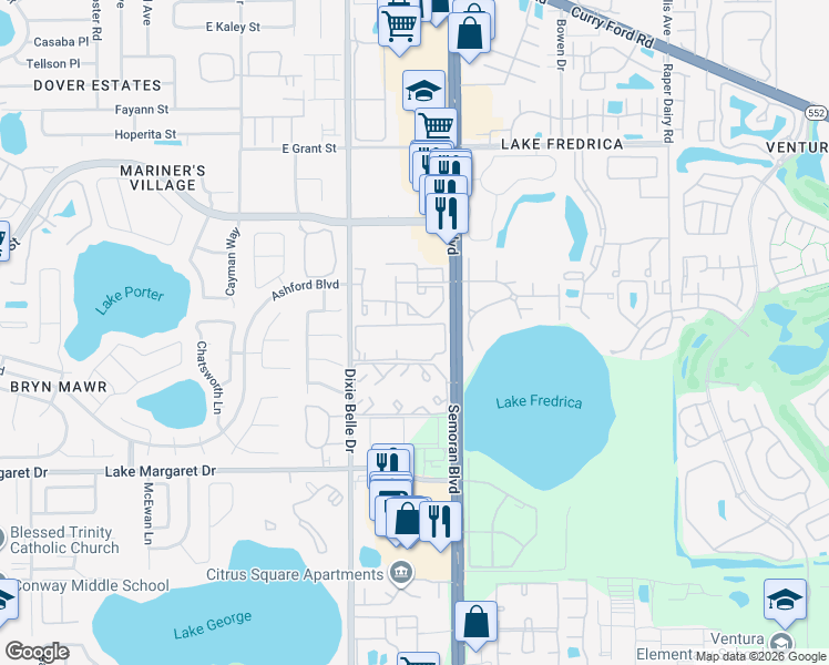 map of restaurants, bars, coffee shops, grocery stores, and more near 3244 South Semoran Boulevard in Orlando