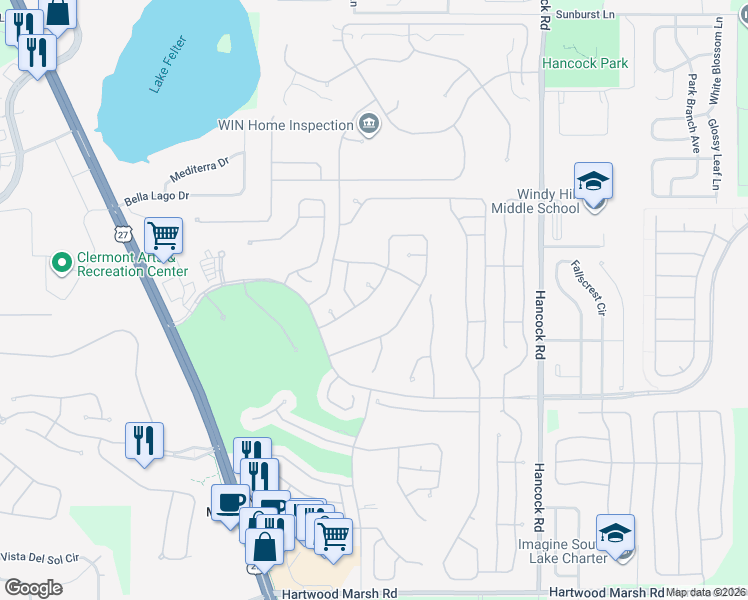 map of restaurants, bars, coffee shops, grocery stores, and more near 2211 Stonebridge Way in Clermont