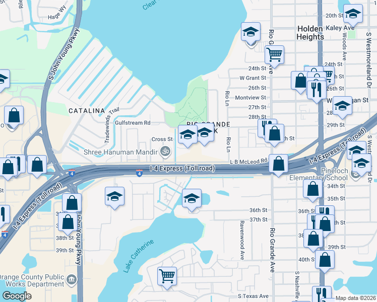 map of restaurants, bars, coffee shops, grocery stores, and more near 2448 29th Street in Orlando