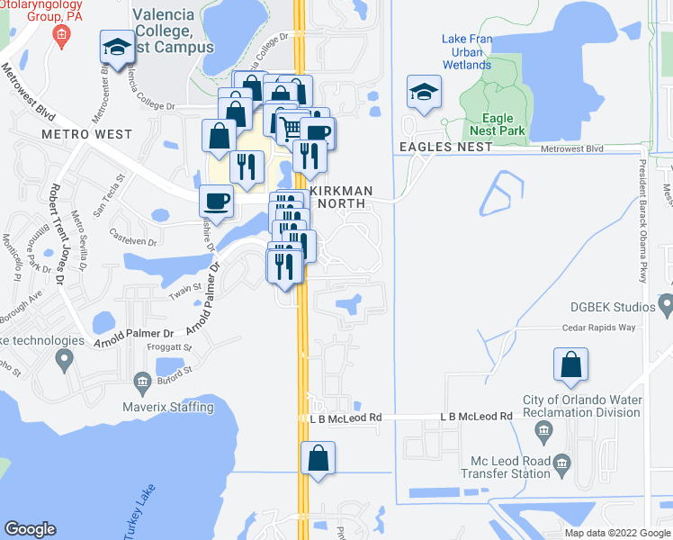 map of restaurants, bars, coffee shops, grocery stores, and more near 5554 Metrowest Boulevard in Orlando