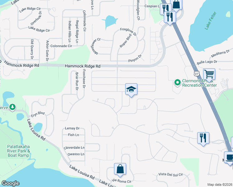map of restaurants, bars, coffee shops, grocery stores, and more near 1124 Calloway Circle in Clermont