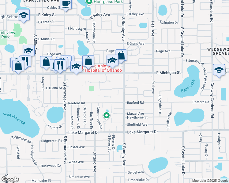 map of restaurants, bars, coffee shops, grocery stores, and more near 2320 Illiana Street in Orlando