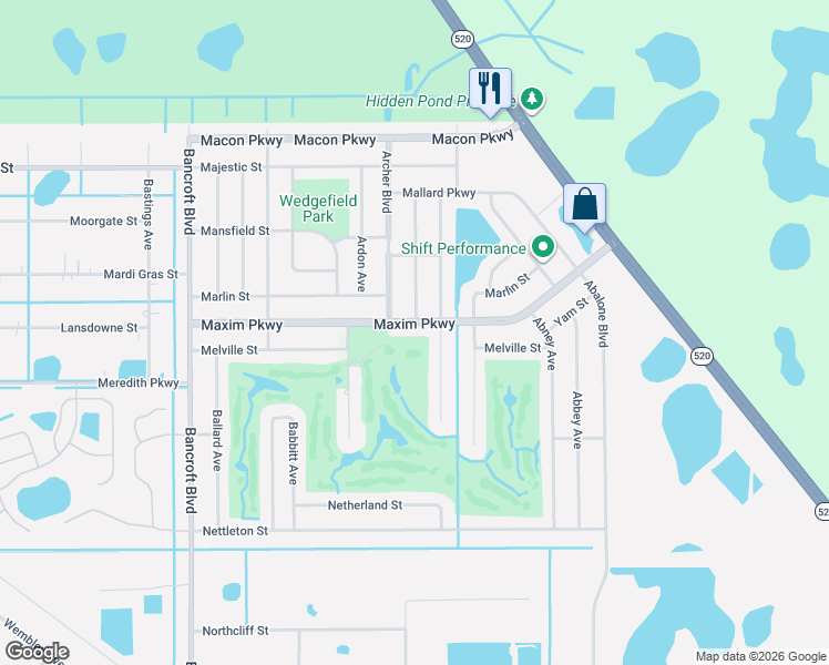 map of restaurants, bars, coffee shops, grocery stores, and more near 20616 Maxim Parkway in Orlando