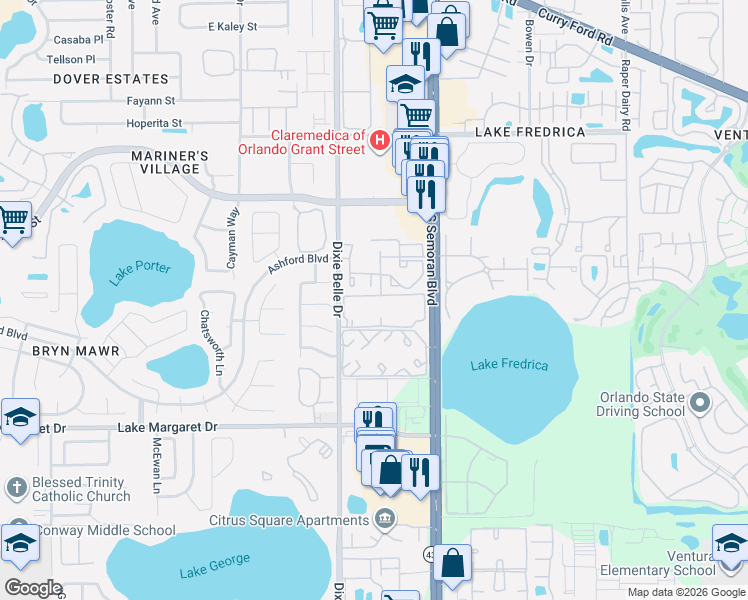 map of restaurants, bars, coffee shops, grocery stores, and more near 3280 South Semoran Boulevard in Orlando