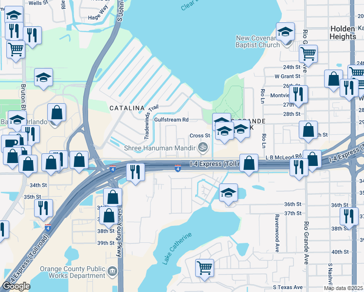 map of restaurants, bars, coffee shops, grocery stores, and more near 2787 L B McLeod Road in Orlando