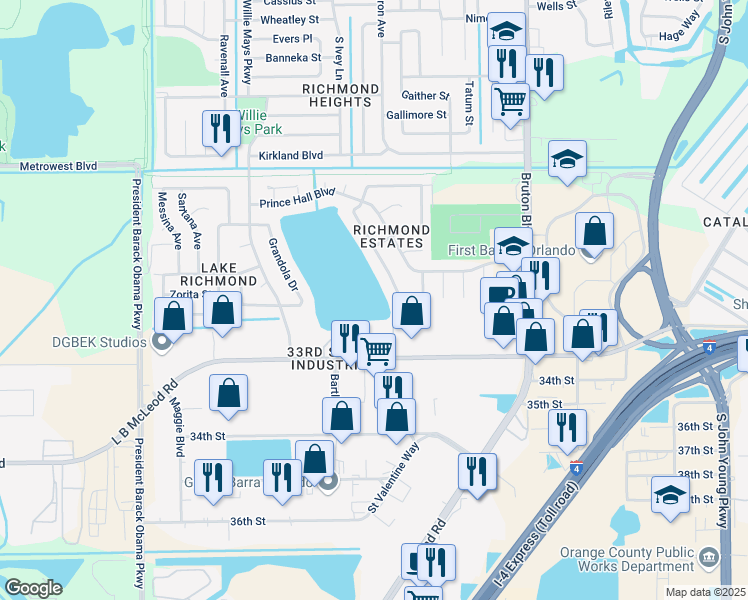 map of restaurants, bars, coffee shops, grocery stores, and more near 4353 Crossroads Court in Orlando
