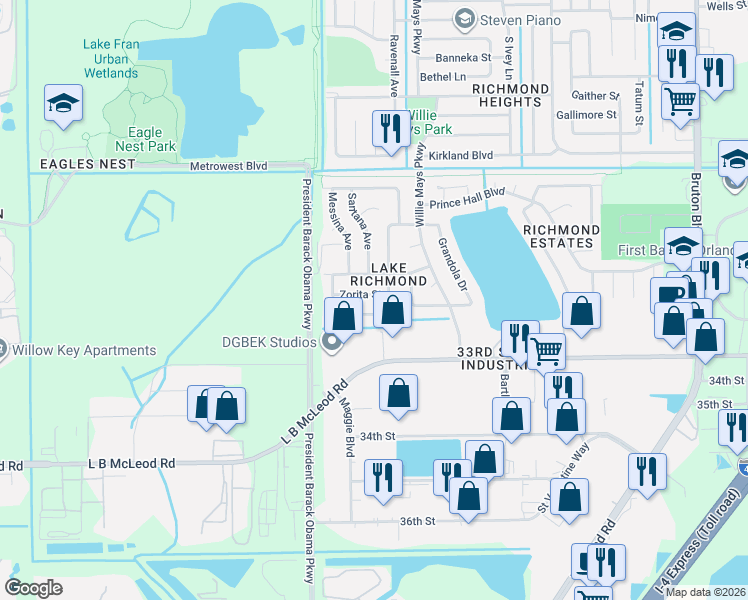 map of restaurants, bars, coffee shops, grocery stores, and more near 4631 Alhama Street in Orlando