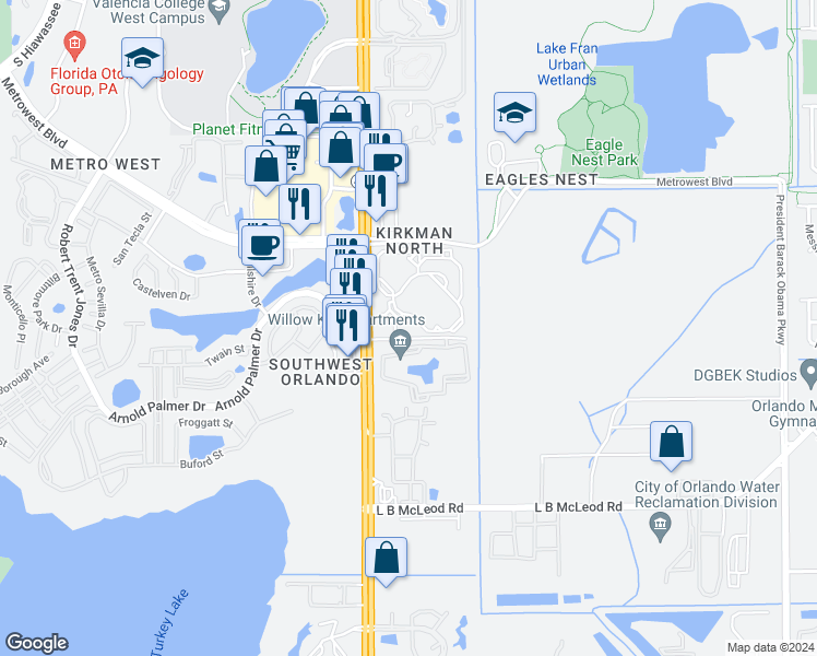 map of restaurants, bars, coffee shops, grocery stores, and more near 5560 Arnold Palmer Drive in Orlando