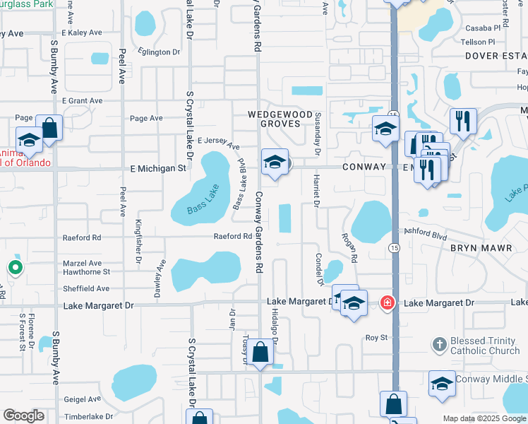 map of restaurants, bars, coffee shops, grocery stores, and more near 2836 Roseglen Way in Orlando