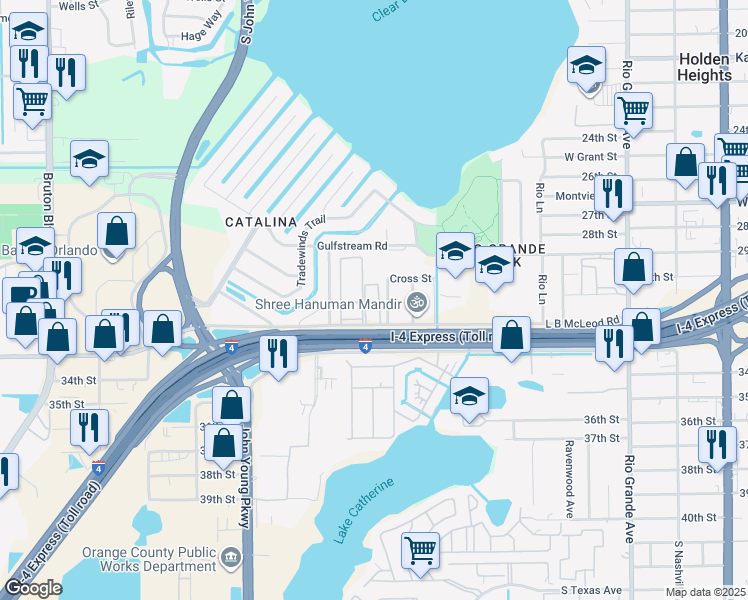 map of restaurants, bars, coffee shops, grocery stores, and more near 2795 L B McLeod Road in Orlando