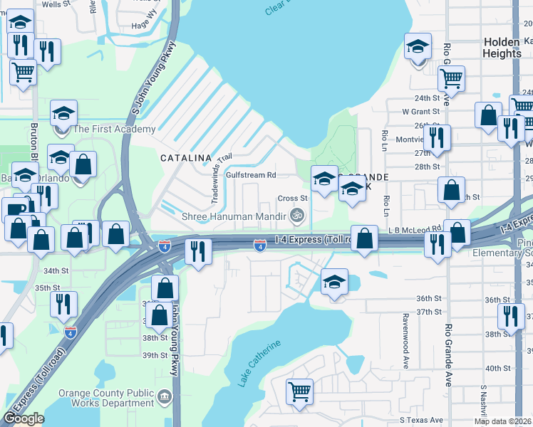 map of restaurants, bars, coffee shops, grocery stores, and more near 2787 L B McLeod Road in Orlando