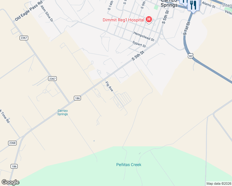 map of restaurants, bars, coffee shops, grocery stores, and more near 205 Fig Avenue in Carrizo Springs