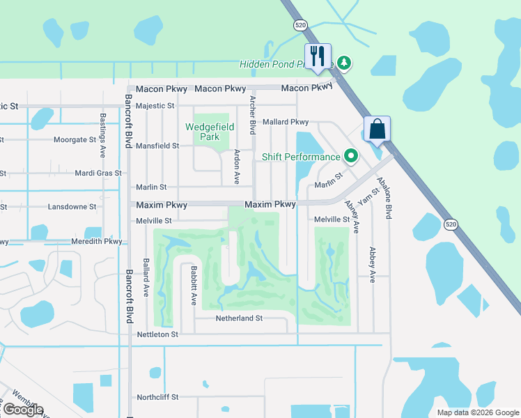 map of restaurants, bars, coffee shops, grocery stores, and more near 20616 Maxim Parkway in Orlando