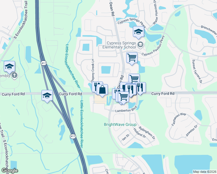 map of restaurants, bars, coffee shops, grocery stores, and more near 10227 Curry Ford Road in Orlando