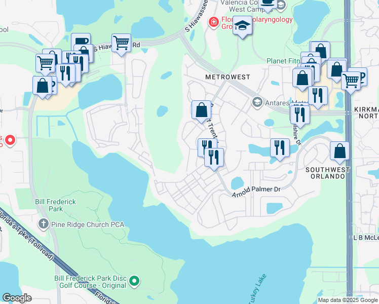 map of restaurants, bars, coffee shops, grocery stores, and more near 3184 Monticello Place in Orlando