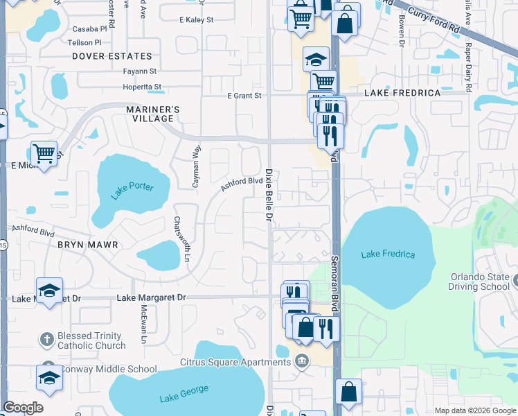 map of restaurants, bars, coffee shops, grocery stores, and more near 5416 Rutland Court in Orlando