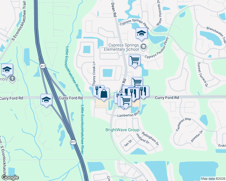 map of restaurants, bars, coffee shops, grocery stores, and more near 10227 Curry Ford Road in Orlando