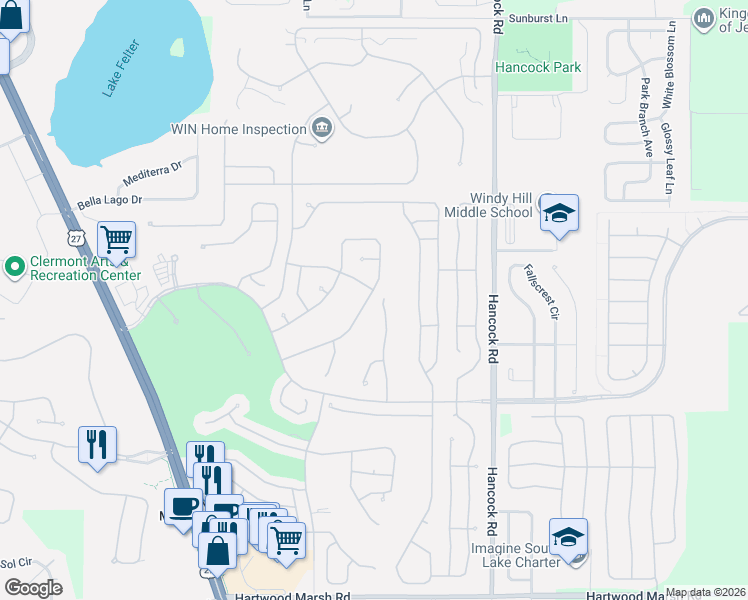 map of restaurants, bars, coffee shops, grocery stores, and more near 2235 Kingsmill Way in Clermont
