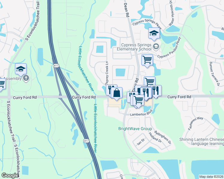 map of restaurants, bars, coffee shops, grocery stores, and more near 10151 Curry Ford Road in Orlando