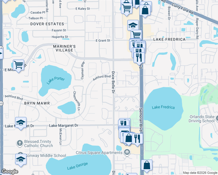 map of restaurants, bars, coffee shops, grocery stores, and more near 5416 Rutland Court in Orlando