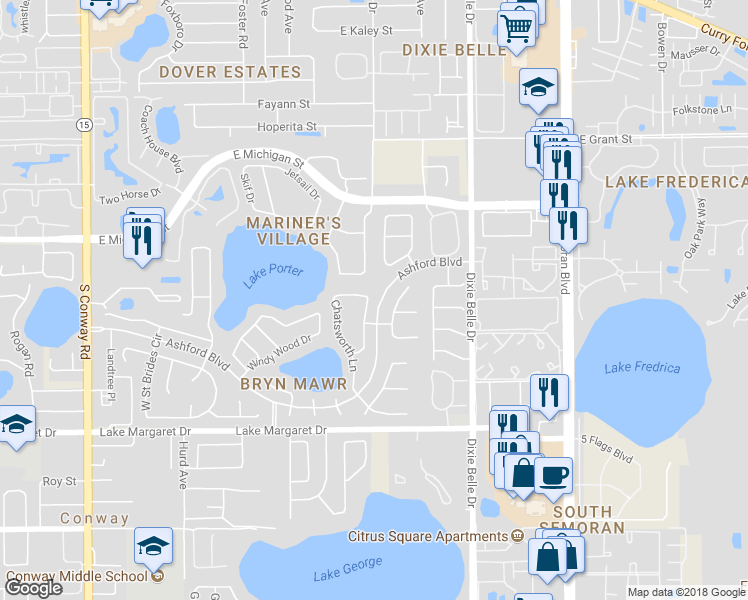 map of restaurants, bars, coffee shops, grocery stores, and more near 3202 Heathgate Court in Orlando
