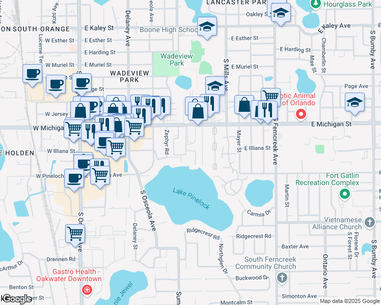 map of restaurants, bars, coffee shops, grocery stores, and more near 772 East Michigan Street in Orlando