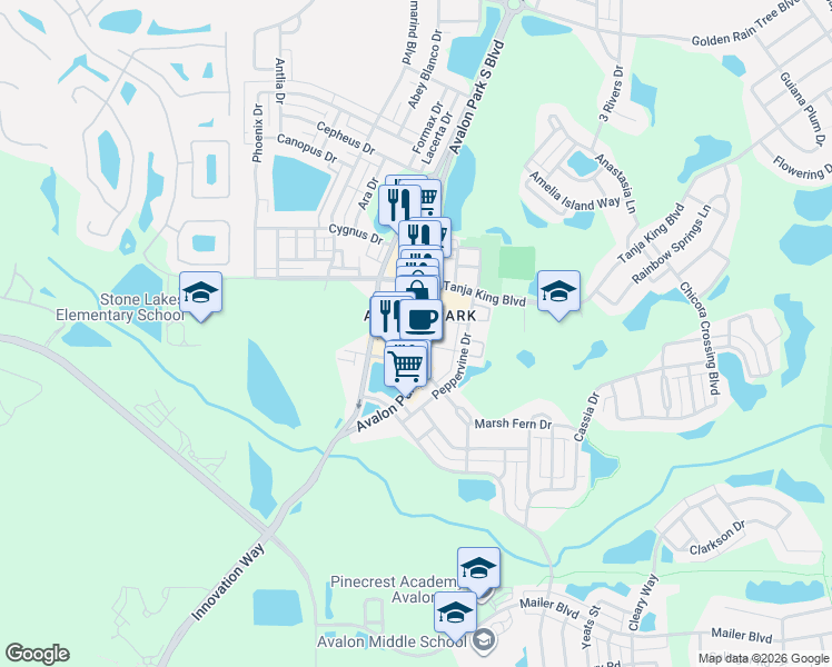 map of restaurants, bars, coffee shops, grocery stores, and more near 3712 Avalon Park East Boulevard in Orlando