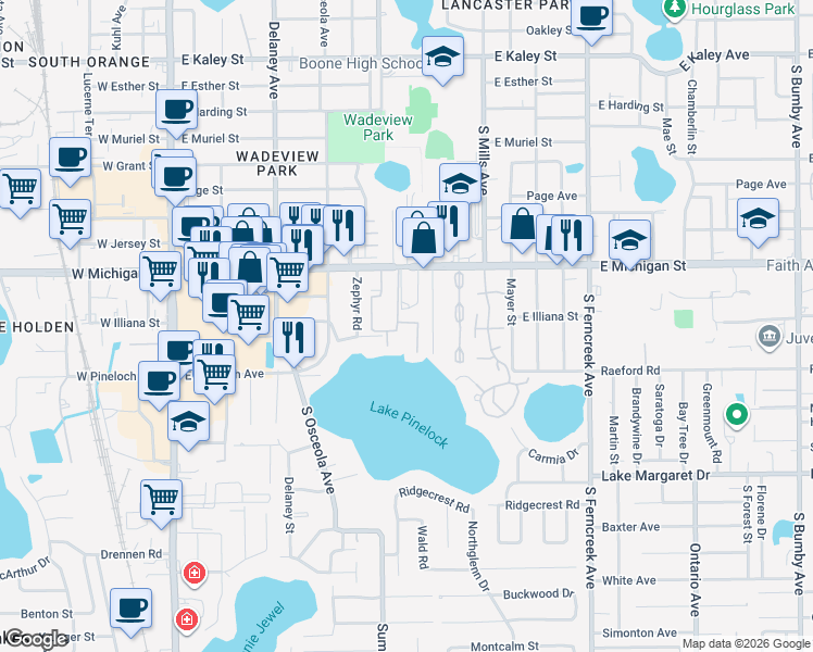 map of restaurants, bars, coffee shops, grocery stores, and more near 784 East Michigan Street in Orlando