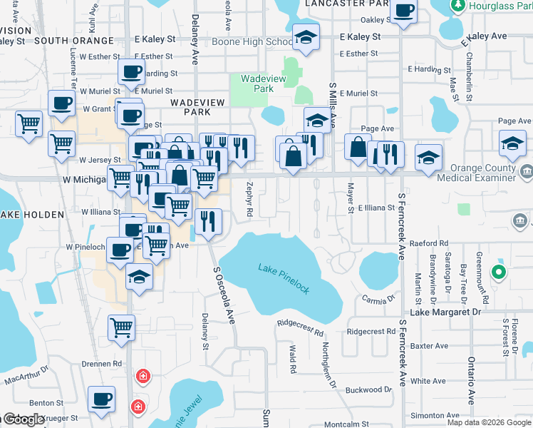 map of restaurants, bars, coffee shops, grocery stores, and more near 772 East Michigan Street in Orlando