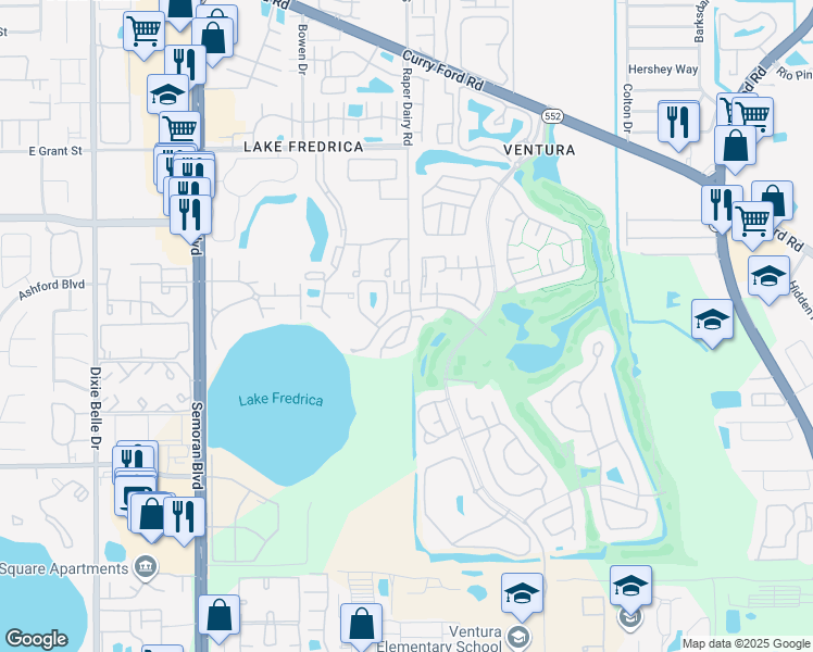 map of restaurants, bars, coffee shops, grocery stores, and more near 3320 Woodgate Boulevard in Orlando