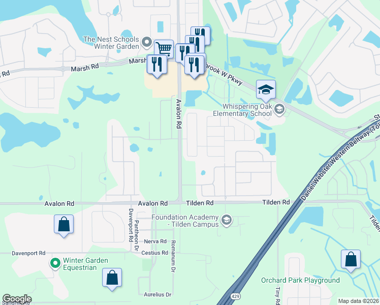 map of restaurants, bars, coffee shops, grocery stores, and more near 2032 Portcastle Circle in Winter Garden