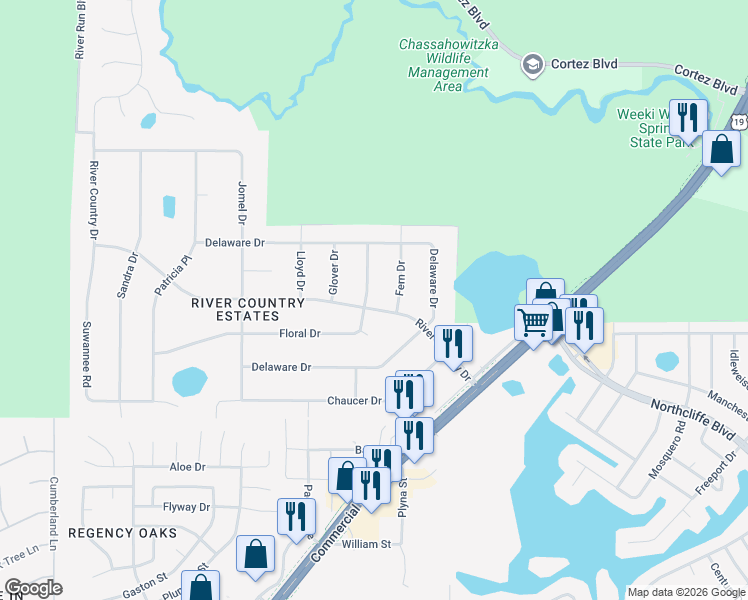 map of restaurants, bars, coffee shops, grocery stores, and more near 8123 River Country Drive in Weeki Wachee