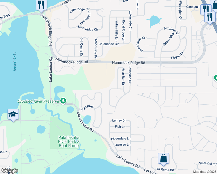 map of restaurants, bars, coffee shops, grocery stores, and more near 852 Crooked Branch Drive in Clermont