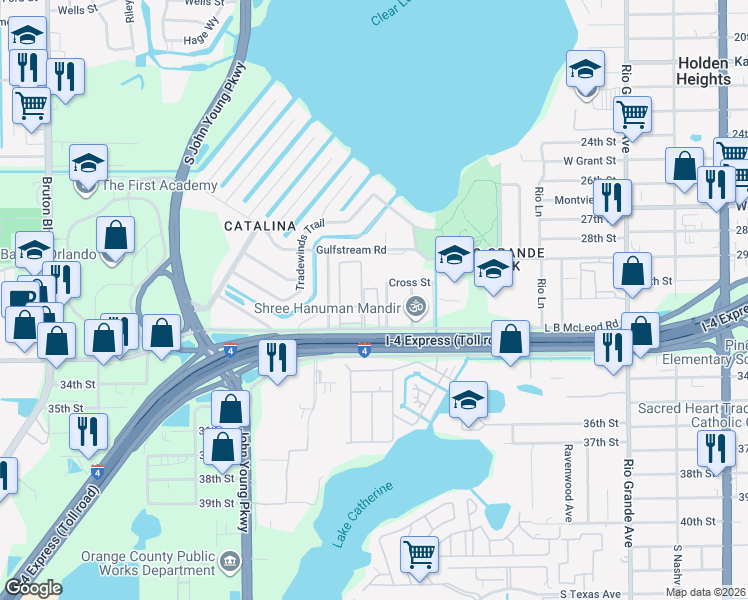 map of restaurants, bars, coffee shops, grocery stores, and more near 2787 L B McLeod Road in Orlando