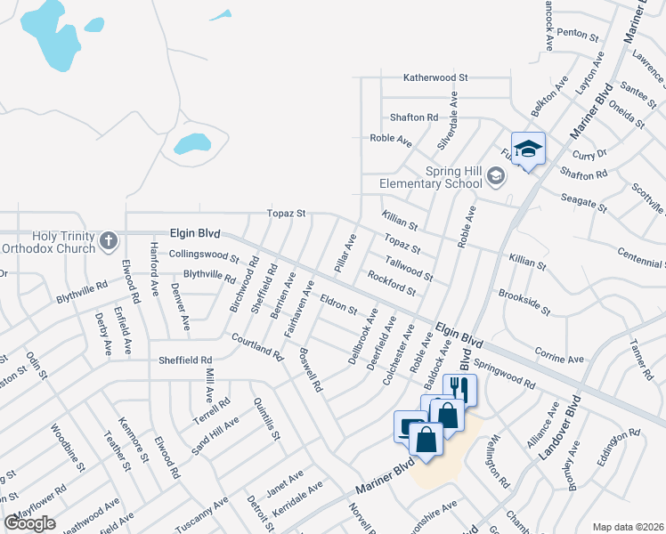 map of restaurants, bars, coffee shops, grocery stores, and more near 12010 Elgin Boulevard in Spring Hill