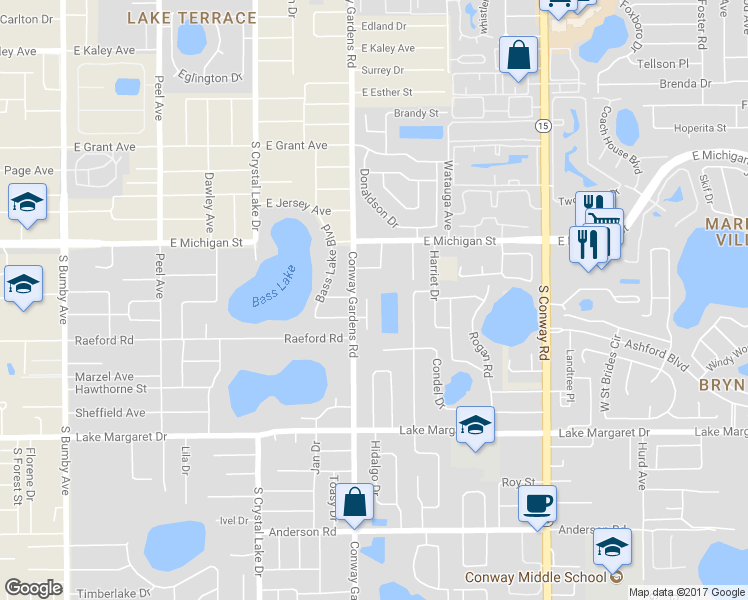 map of restaurants, bars, coffee shops, grocery stores, and more near 2836 Roseglen Way in Orlando