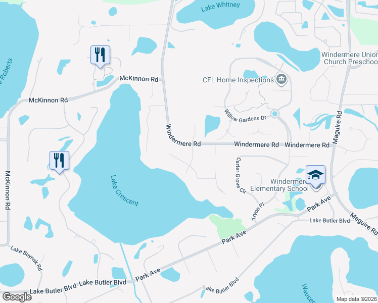 map of restaurants, bars, coffee shops, grocery stores, and more near 520 Haley Drive in Windermere