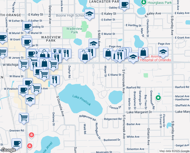 map of restaurants, bars, coffee shops, grocery stores, and more near 1040 East Michigan Street in Orlando