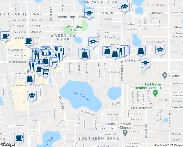 map of restaurants, bars, coffee shops, grocery stores, and more near 1040 East Michigan Street in Orlando