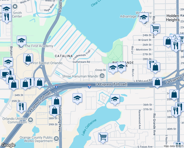 map of restaurants, bars, coffee shops, grocery stores, and more near 2787 L B McLeod Road in Orlando