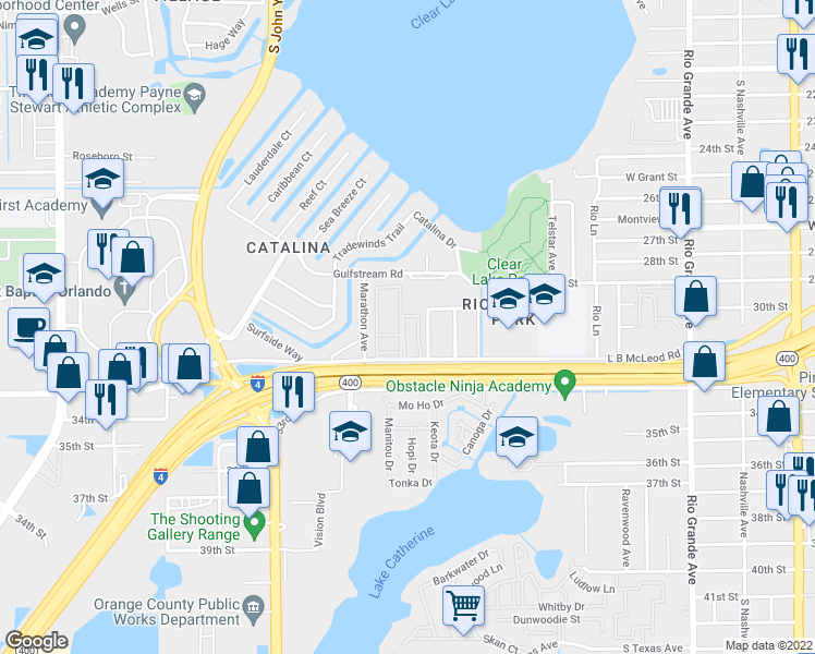 map of restaurants, bars, coffee shops, grocery stores, and more near 2787 L B McLeod Road in Orlando