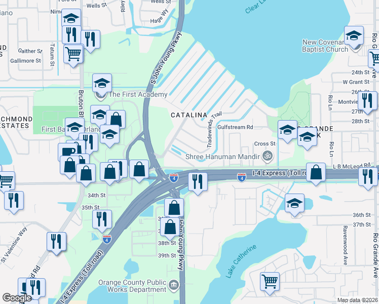 map of restaurants, bars, coffee shops, grocery stores, and more near 3205 Surfside Way in Orlando