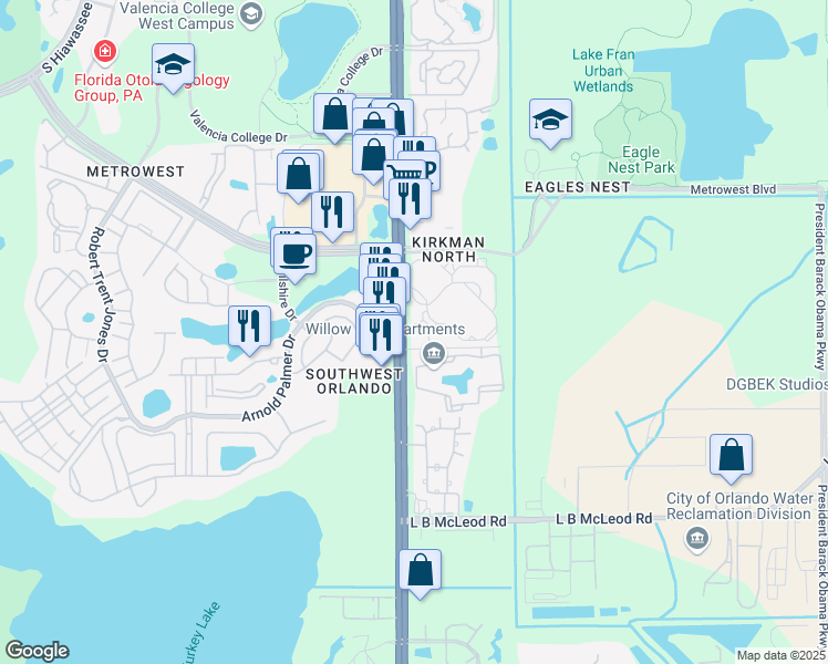 map of restaurants, bars, coffee shops, grocery stores, and more near 3135 South Kirkman Road in Orlando