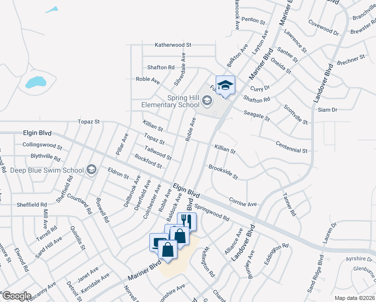 map of restaurants, bars, coffee shops, grocery stores, and more near 12209 Tallwood Street in Spring Hill