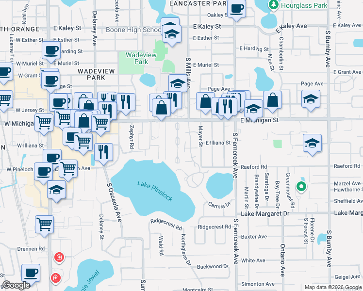 map of restaurants, bars, coffee shops, grocery stores, and more near 1056 East Michigan Street in Orlando