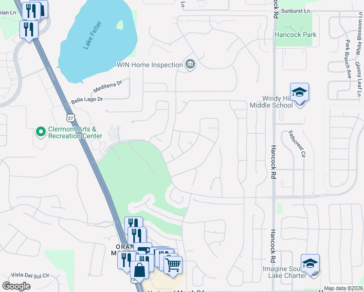 map of restaurants, bars, coffee shops, grocery stores, and more near 3756 Hasting Lane in Clermont