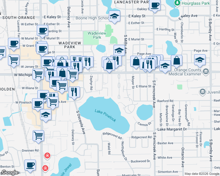 map of restaurants, bars, coffee shops, grocery stores, and more near 2812 Keystone Drive in Orlando