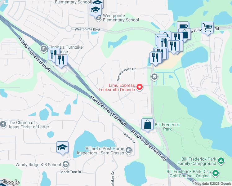 map of restaurants, bars, coffee shops, grocery stores, and more near 7247 Somersworth Drive in Orlando